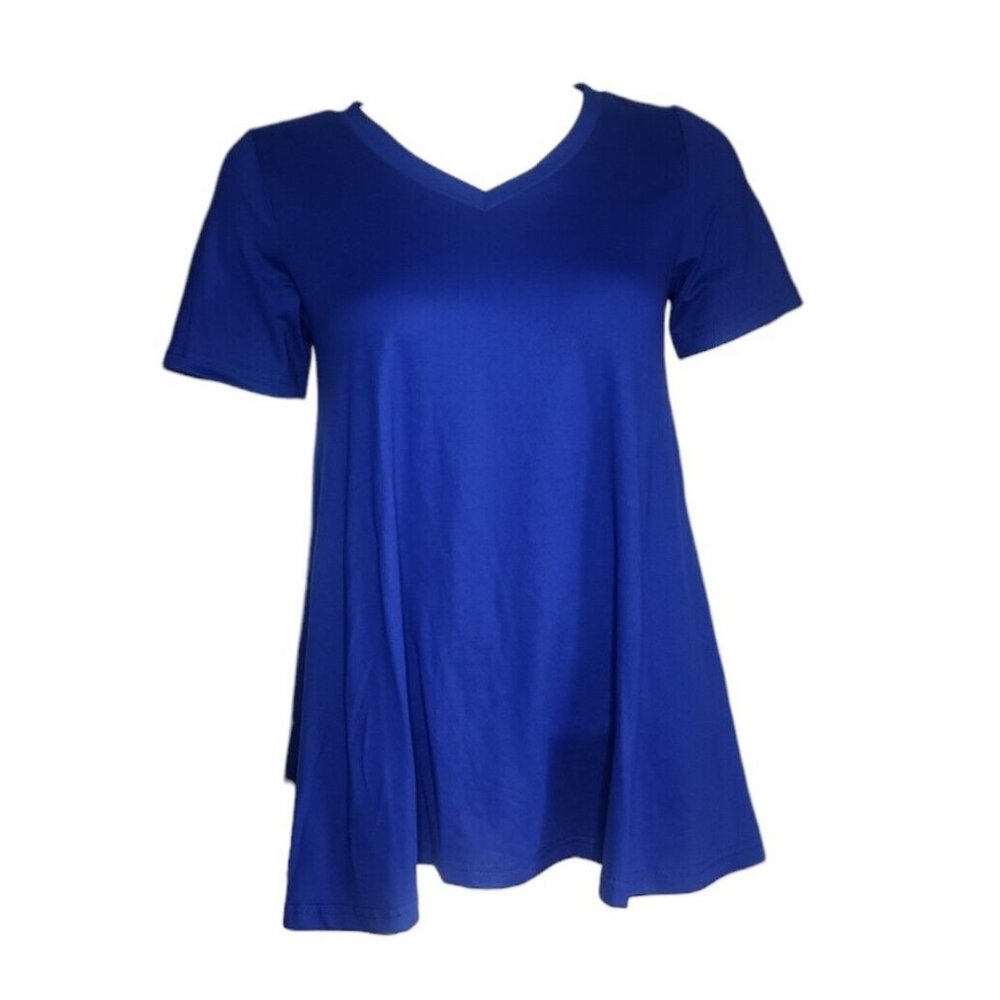 NWT‎ CLASSIC FASHION Solid All Blue Short Sleeve V Neck Top Womens Size S Small
